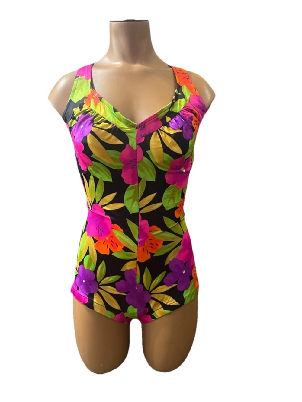 Vintage 90s Tropical Floral Swimsuit Neon Pink Purple Orange -As Is-Project!
